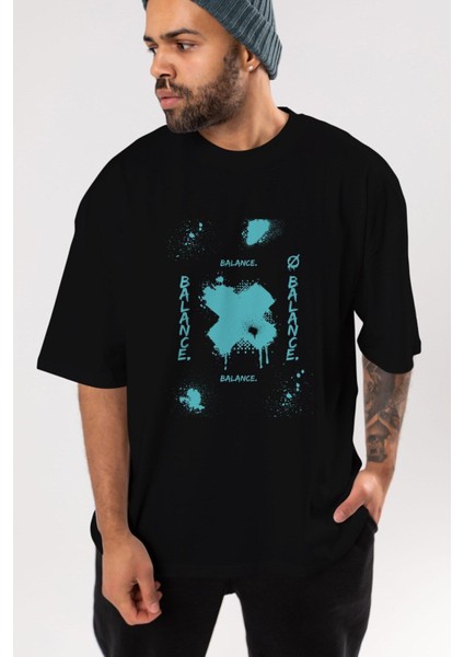 Balance Balance Yazılı Ön Baskılı Siyah Oversize T-Shirt Erkek Kadın Bisiklet Yaka indirimleri