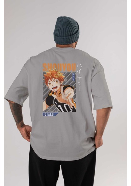 Shouyou Hinata 9 Anime Arka Baskılı Gri Oversize T-Shirt %100 Pamuk Erkek Kadın