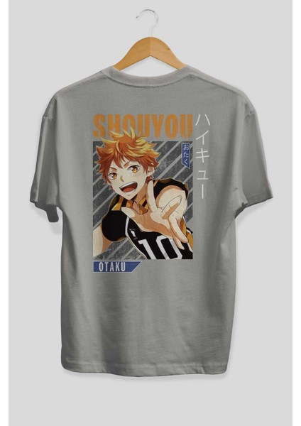 Shouyou Hinata 9 Anime Arka Baskılı Gri Oversize T-Shirt %100 Pamuk Erkek Kadın fiyatları