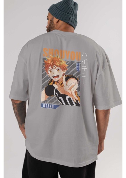 Shouyou Hinata 9 Anime Arka Baskılı Gri Oversize T-Shirt %100 Pamuk Erkek Kadın indirimleri