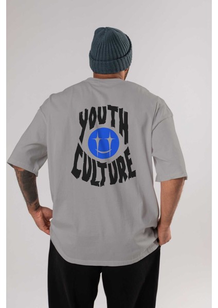 Youth Culture Arka Baskılı Gri Oversize T-Shirt Unisex Erkek Kadın Bisiklet Yaka