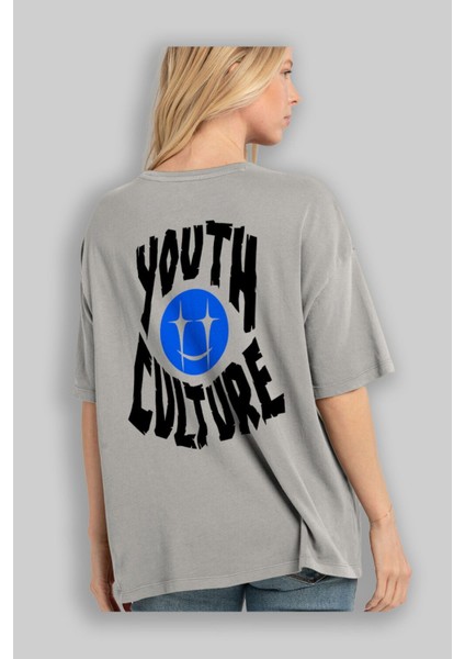 Youth Culture Arka Baskılı Gri Oversize T-Shirt Unisex Erkek Kadın Bisiklet Yaka modelleri