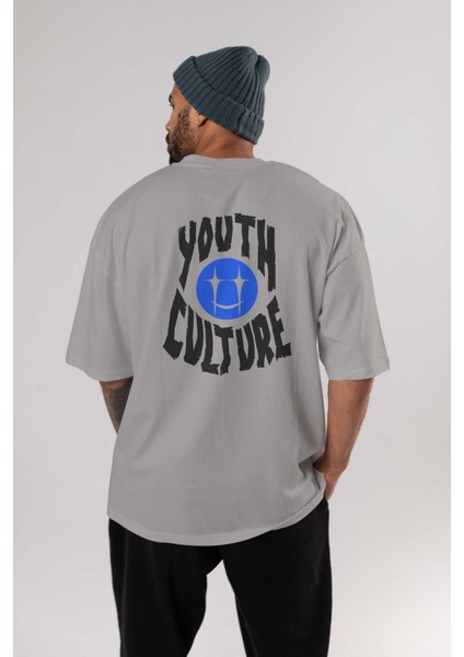 Youth Culture Arka Baskılı Gri Oversize T-Shirt Unisex Erkek Kadın Bisiklet Yaka fırsatları