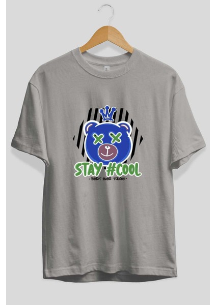 Stay Cool Bear Ön Baskılı Gri Oversize T-Shirt Unisex Erkek Kadın Bisiklet Yaka fiyatları