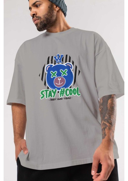 Stay Cool Bear Ön Baskılı Gri Oversize T-Shirt Unisex Erkek Kadın Bisiklet Yaka modelleri