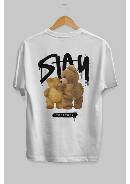 Stay Together Bear Arka Baskılı Beyaz Oversize T-Shirt Erkek Kadın Bisiklet Yaka fiyatları