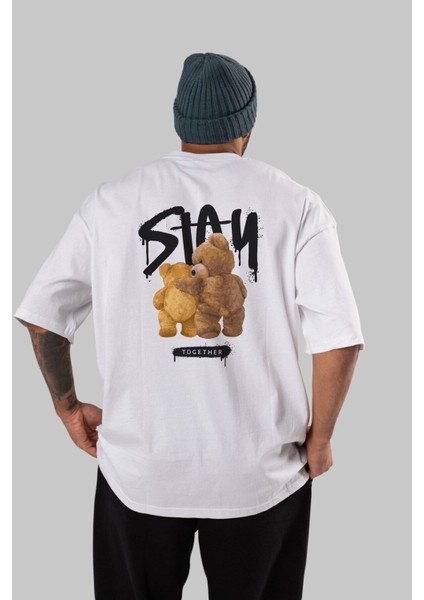 Stay Together Bear Arka Baskılı Beyaz Oversize T-Shirt Erkek Kadın Bisiklet Yaka modelleri