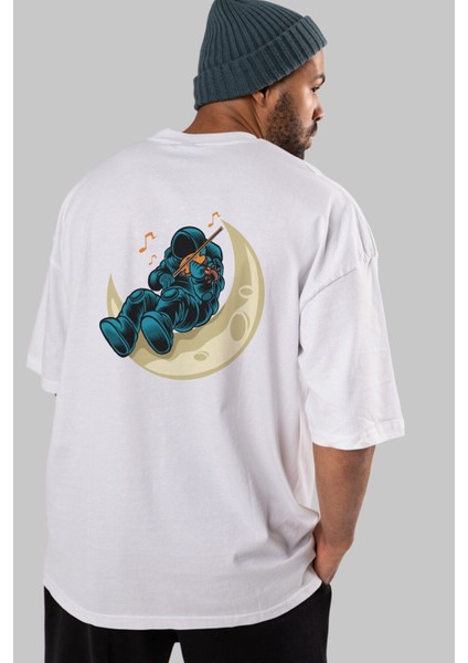 Playing Vionist Arka Baskılı Beyaz Oversize T-Shirt Erkek Kadın Bisiklet Yaka