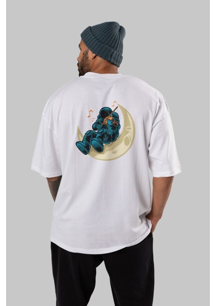 Playing Vionist Arka Baskılı Beyaz Oversize T-Shirt Erkek Kadın Bisiklet Yaka modelleri