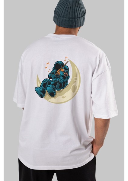 Playing Vionist Arka Baskılı Beyaz Oversize T-Shirt Erkek Kadın Bisiklet Yaka fırsatları