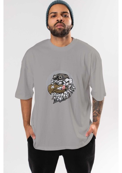 Bird Pilot Ön Baskılı Gri Oversize T-Shirt Unisex Erkek Kadın Bisiklet Yaka