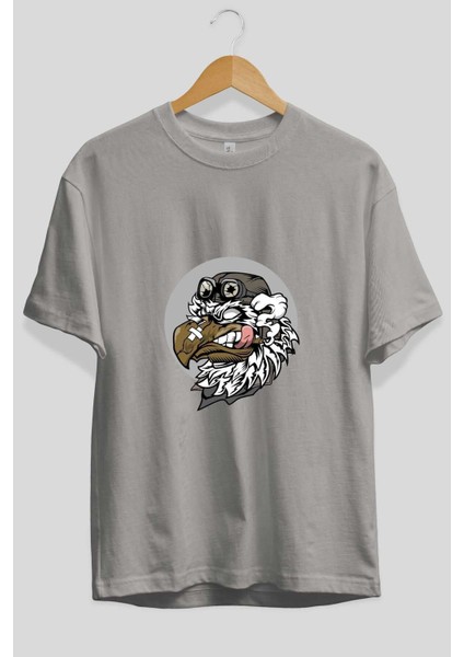 Bird Pilot Ön Baskılı Gri Oversize T-Shirt Unisex Erkek Kadın Bisiklet Yaka fiyatları