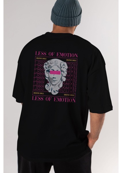 Less Of Emotion Arka Baskılı Siyah Oversize T-Shirt Erkek Kadın Bisiklet Yaka modelleri