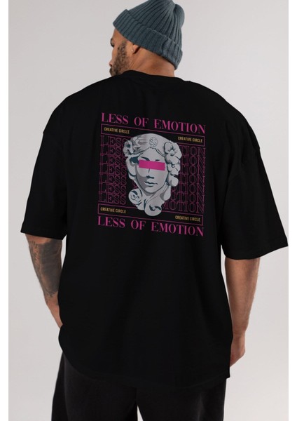 Less Of Emotion Arka Baskılı Siyah Oversize T-Shirt Erkek Kadın Bisiklet Yaka fırsatları