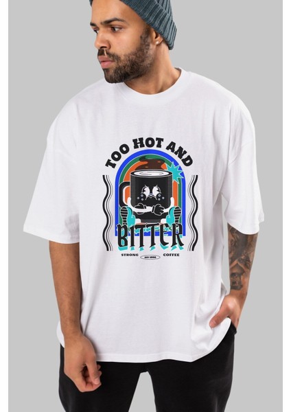 Too Hot And Bitter Ön Baskılı Beyaz Oversize T-Shirt Erkek Kadın Bisiklet Yaka indirimleri