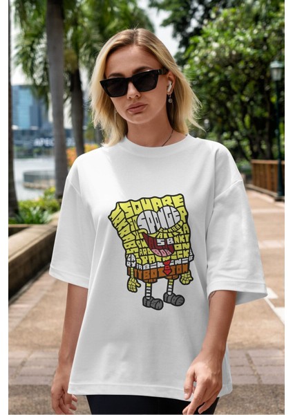 Yellow Sponge Ön Baskılı Beyaz Oversize T-Shirt Erkek Kadın Bisiklet Yaka