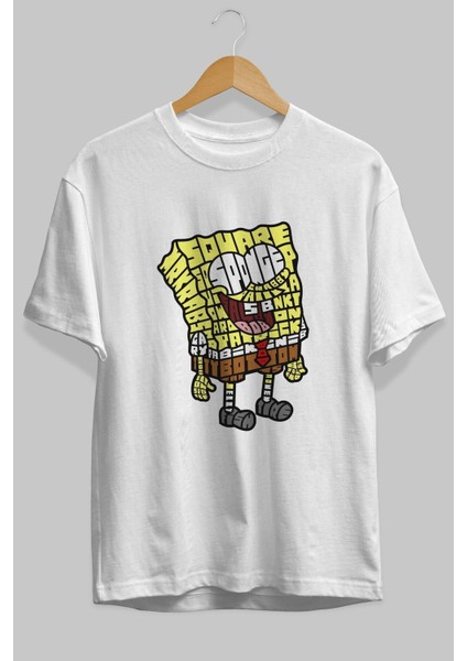 Yellow Sponge Ön Baskılı Beyaz Oversize T-Shirt Erkek Kadın Bisiklet Yaka fiyatları