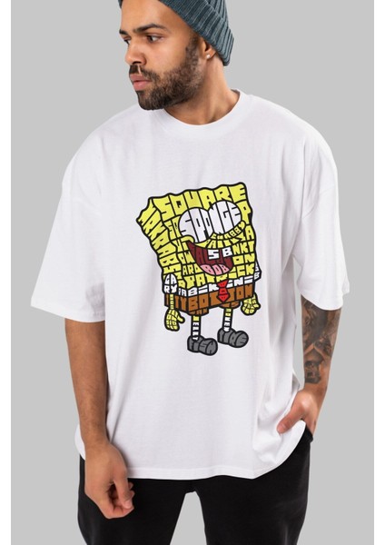 Yellow Sponge Ön Baskılı Beyaz Oversize T-Shirt Erkek Kadın Bisiklet Yaka modelleri