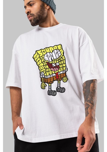 Yellow Sponge Ön Baskılı Beyaz Oversize T-Shirt Erkek Kadın Bisiklet Yaka indirimleri
