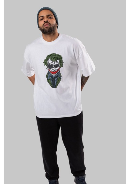 Why So Serious Ön Baskılı Beyaz Oversize T-Shirt Erkek Kadın Bisiklet Yaka