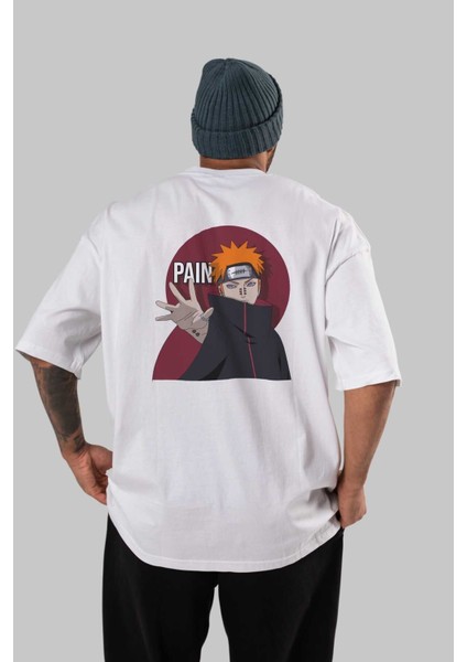 Paın Naruto Anime Arka Baskılı Beyaz Oversize T-Shirt Pamuk Erkek Kadın