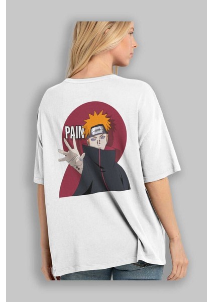 Paın Naruto Anime Arka Baskılı Beyaz Oversize T-Shirt Pamuk Erkek Kadın modelleri