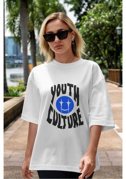 Youth Culture Ön Baskılı Beyaz Oversize T-Shirt Erkek Kadın Bisiklet Yaka