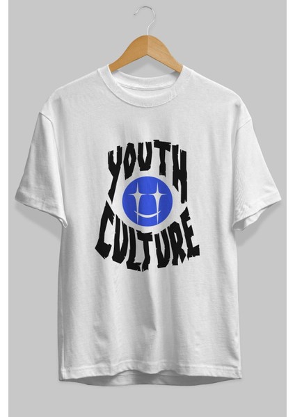 Youth Culture Ön Baskılı Beyaz Oversize T-Shirt Erkek Kadın Bisiklet Yaka fiyatları