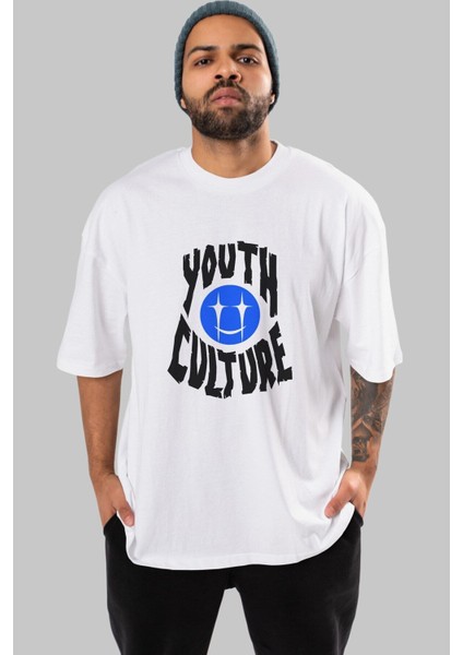 Youth Culture Ön Baskılı Beyaz Oversize T-Shirt Erkek Kadın Bisiklet Yaka fırsatları