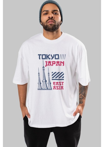 Tokyo Ön Baskılı Beyaz Oversize T-Shirt Erkek Kadın Bisiklet Yaka fırsatları