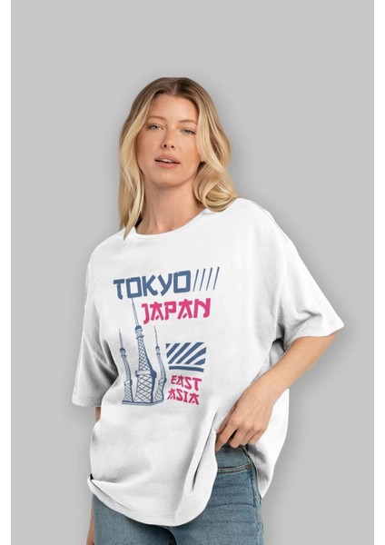 Tokyo Ön Baskılı Beyaz Oversize T-Shirt Erkek Kadın Bisiklet Yaka indirimleri