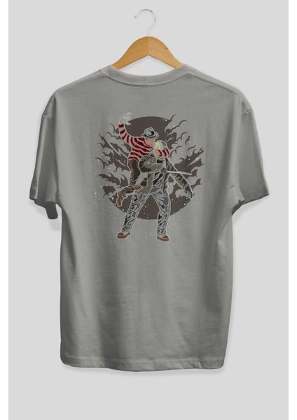 Freddy Vs Jason Arka Baskılı Gri Oversize T-Shirt Unisex Erkek Kadın Bisiklet Yaka fiyatları