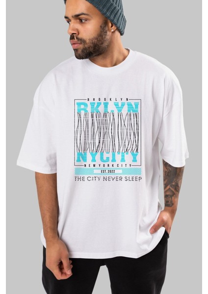 Brooklyn New York City Ön Baskılı Beyaz Oversize T-Shirt Erkek Kadın Bisiklet Yaka