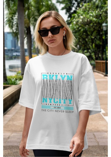 Brooklyn New York City Ön Baskılı Beyaz Oversize T-Shirt Erkek Kadın Bisiklet Yaka fiyatları