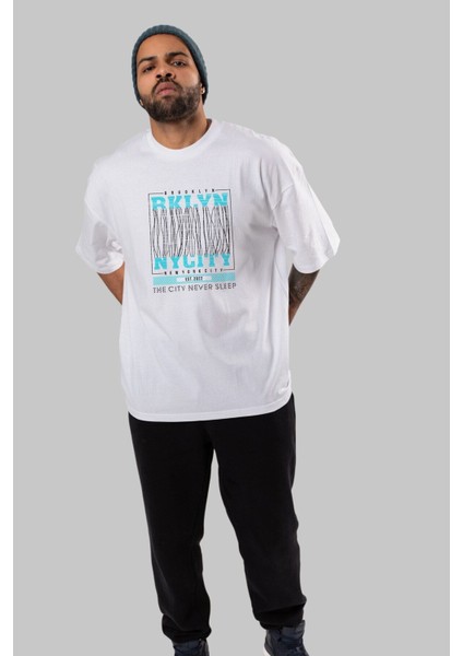 Brooklyn New York City Ön Baskılı Beyaz Oversize T-Shirt Erkek Kadın Bisiklet Yaka modelleri