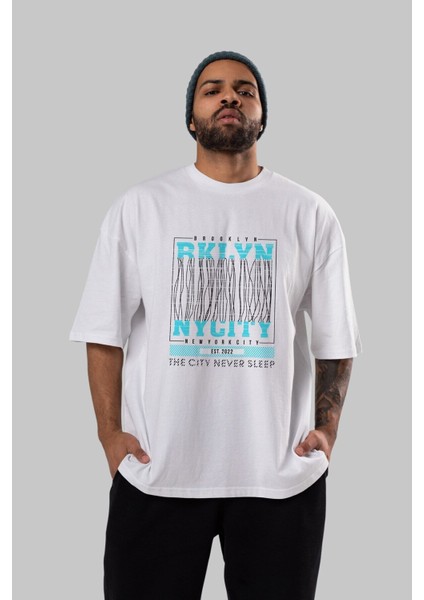 Brooklyn New York City Ön Baskılı Beyaz Oversize T-Shirt Erkek Kadın Bisiklet Yaka fırsatları
