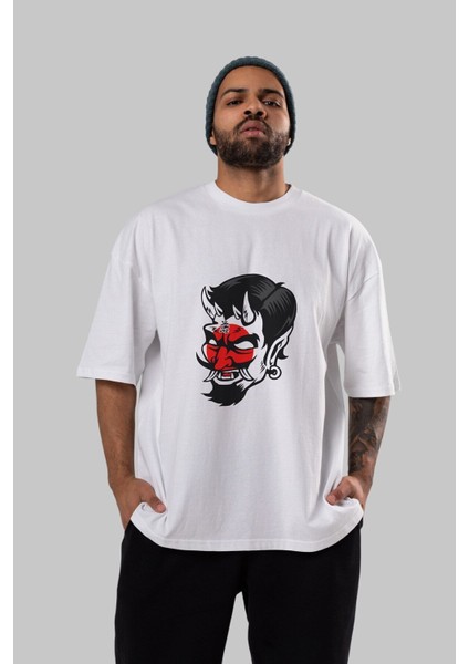 Japanese Devil Ön Baskılı Beyaz Oversize T-Shirt Erkek Kadın Bisiklet Yaka