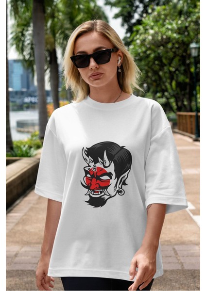 Japanese Devil Ön Baskılı Beyaz Oversize T-Shirt Erkek Kadın Bisiklet Yaka fiyatları