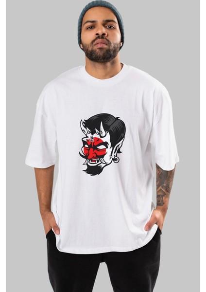 Japanese Devil Ön Baskılı Beyaz Oversize T-Shirt Erkek Kadın Bisiklet Yaka modelleri