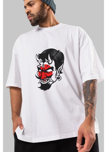 Japanese Devil Ön Baskılı Beyaz Oversize T-Shirt Erkek Kadın Bisiklet Yaka fırsatları