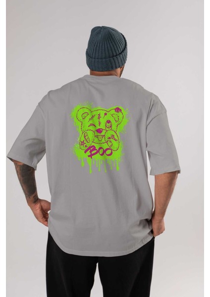 Boo Bear Arka Baskılı Gri Oversize T-Shirt Unisex Erkek Kadın Bisiklet Yaka