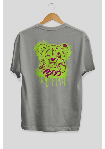 Boo Bear Arka Baskılı Gri Oversize T-Shirt Unisex Erkek Kadın Bisiklet Yaka fiyatları