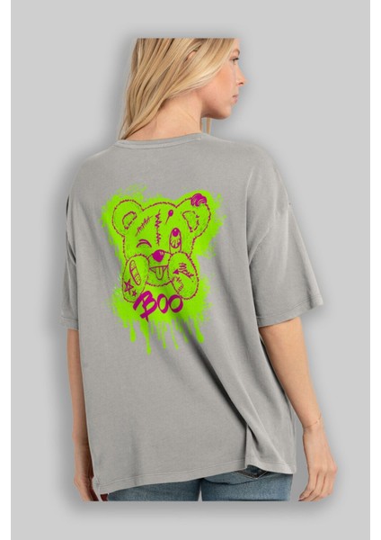 Boo Bear Arka Baskılı Gri Oversize T-Shirt Unisex Erkek Kadın Bisiklet Yaka modelleri