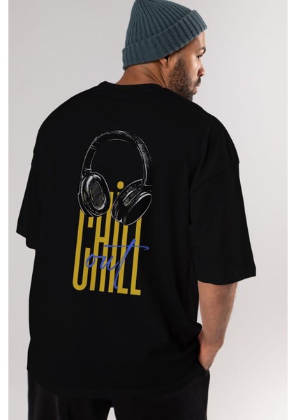 Chill Out Yazılı Arka Baskılı Siyah Oversize T-Shirt Erkek Kadın Bisiklet Yaka
