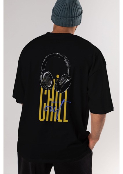 Chill Out Yazılı Arka Baskılı Siyah Oversize T-Shirt Erkek Kadın Bisiklet Yaka fiyatları
