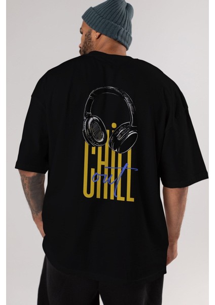 Chill Out Yazılı Arka Baskılı Siyah Oversize T-Shirt Erkek Kadın Bisiklet Yaka modelleri