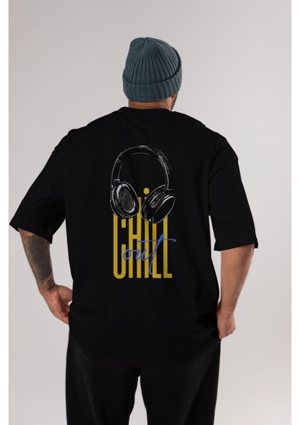 Chill Out Yazılı Arka Baskılı Siyah Oversize T-Shirt Erkek Kadın Bisiklet Yaka fırsatları