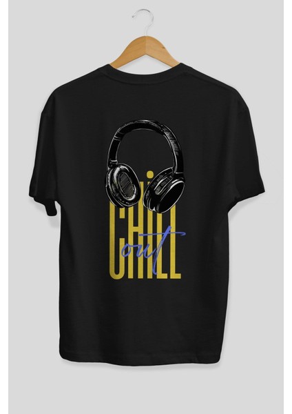 Chill Out Yazılı Arka Baskılı Siyah Oversize T-Shirt Erkek Kadın Bisiklet Yaka indirimleri