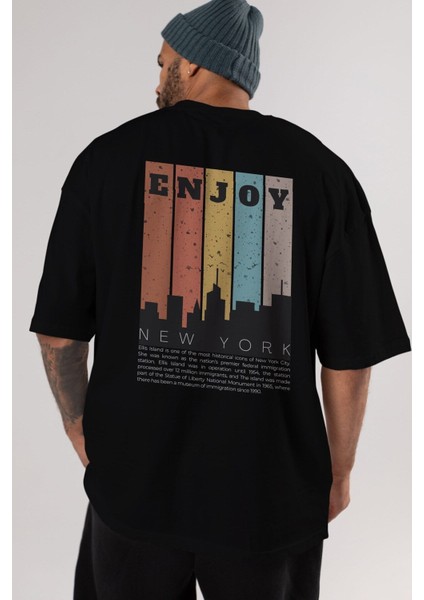 Enjoy New York Yazılı Arka Baskılı Siyah Oversize T-Shirt Erkek Kadın Bisiklet Yaka