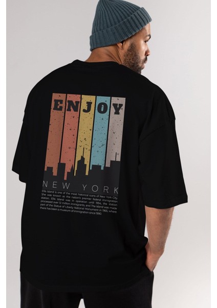 Enjoy New York Yazılı Arka Baskılı Siyah Oversize T-Shirt Erkek Kadın Bisiklet Yaka fırsatları